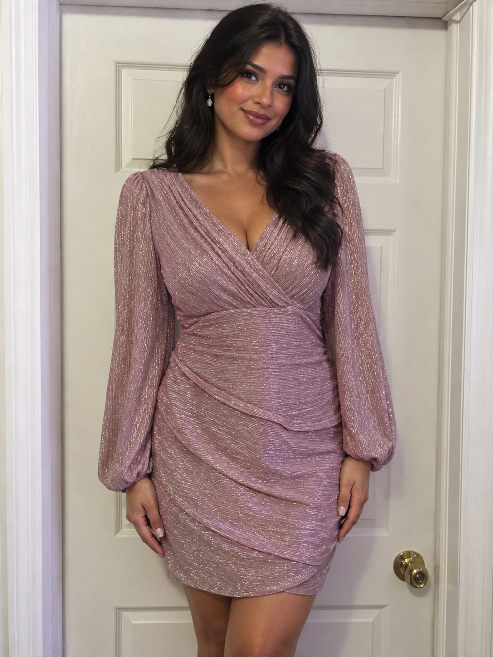 MSK Sparkle Wrap-Front Long-Sleeve Mini Dress in Dusty Rose